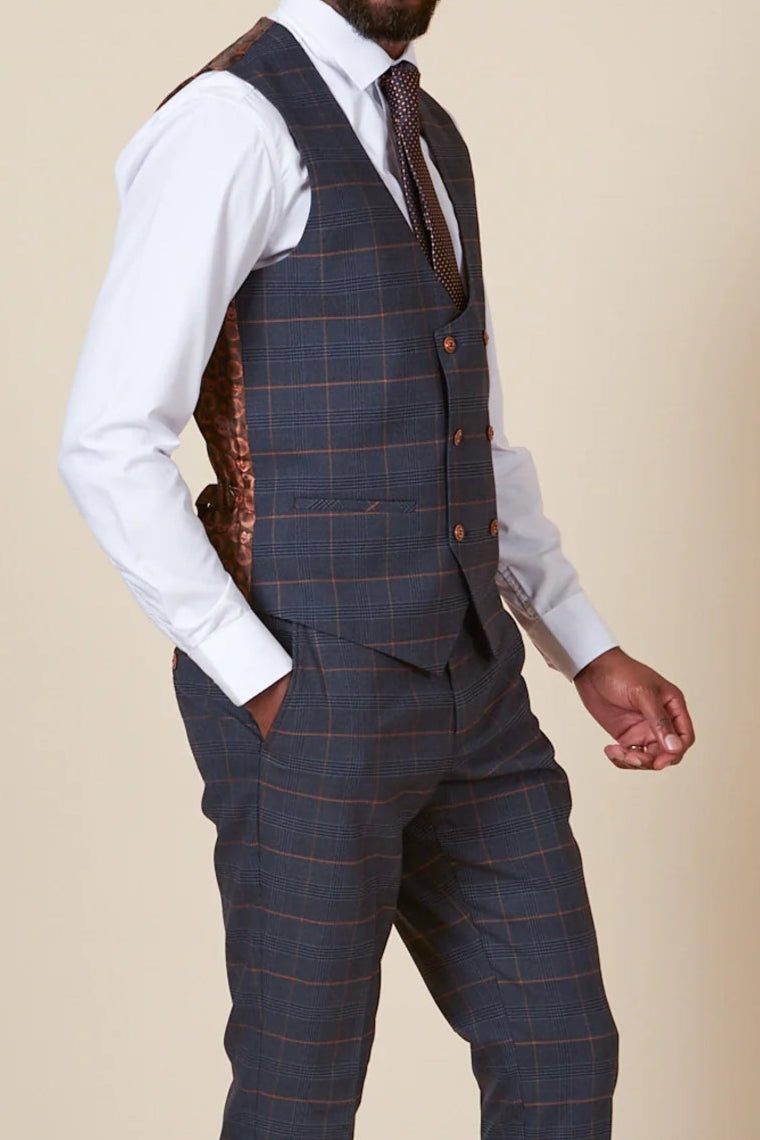 MARC DARCY Jenson Double Breasted Waistcoat - Marine Navy Check