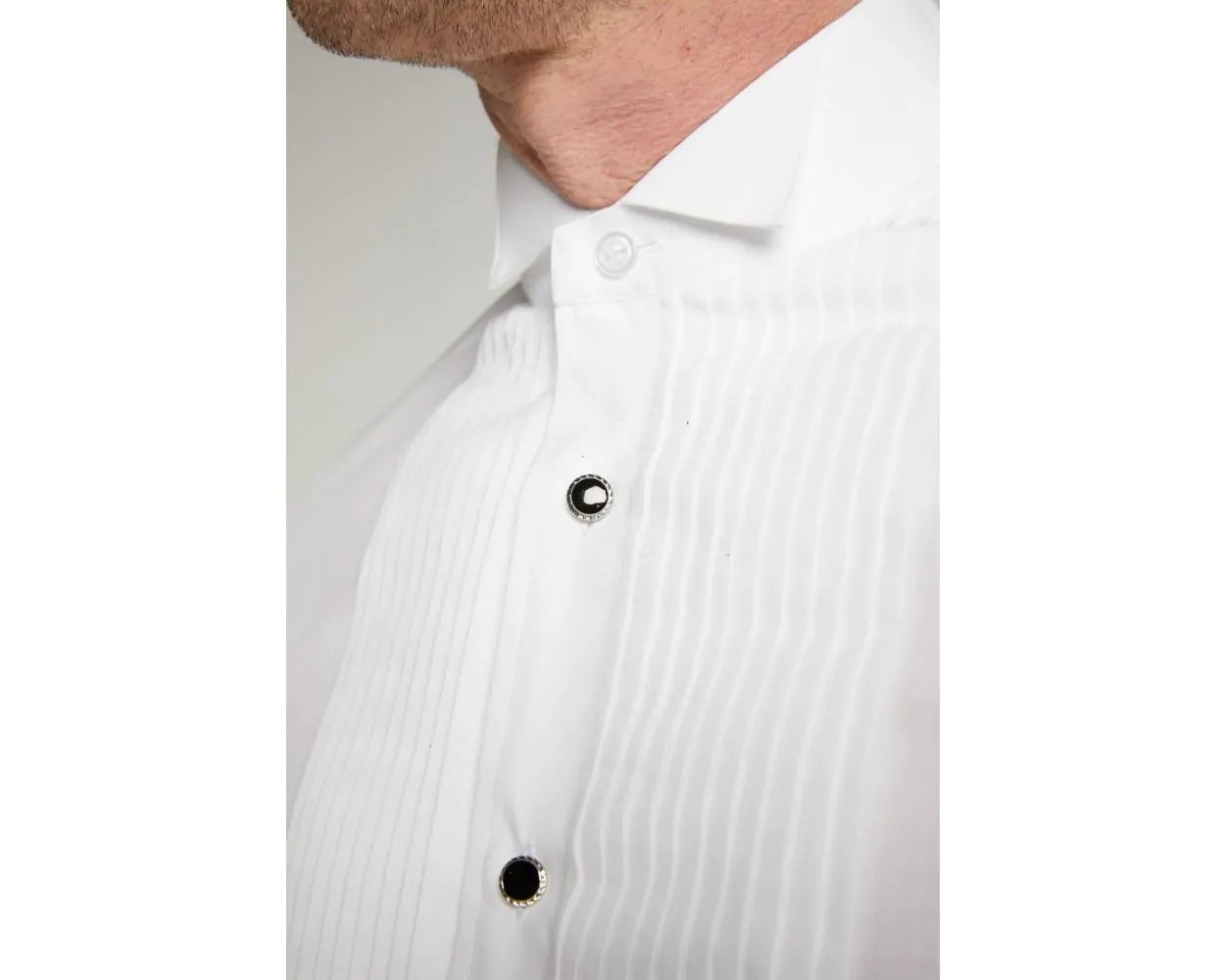 DOUBLE TWO Pleated Stitch Front Dress Shirt -  Double Cuff Wing Collar – White