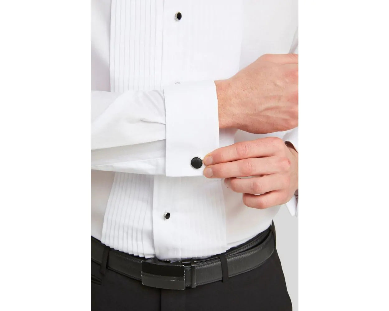 DOUBLE TWO Pleated Stitch Front Dress Shirt -  Double Cuff Wing Collar – White