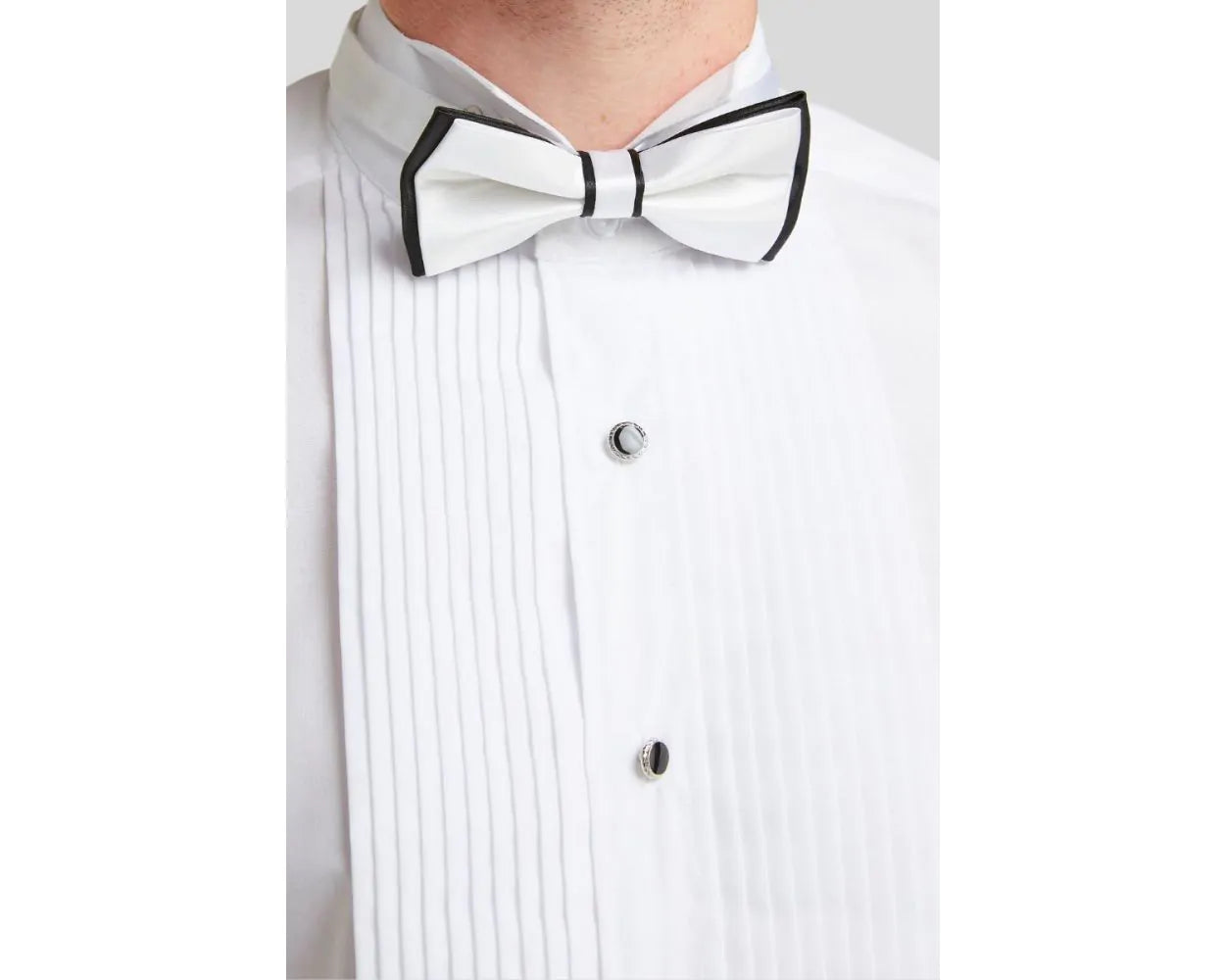 DOUBLE TWO Pleated Stitch Front Dress Shirt -  Double Cuff Wing Collar – White