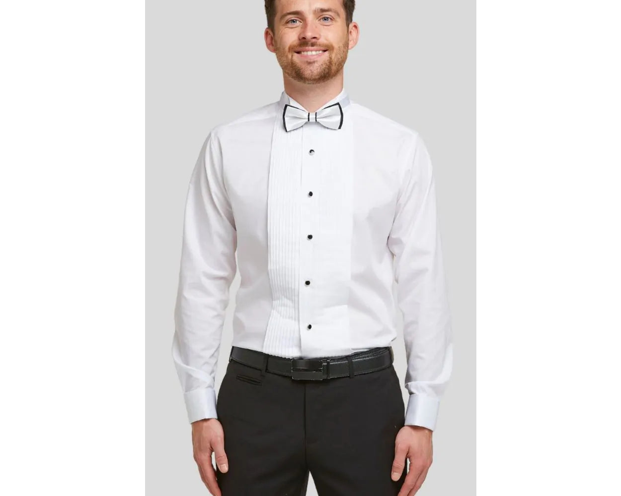 DOUBLE TWO Pleated Stitch Front Dress Shirt -  Double Cuff Wing Collar – White