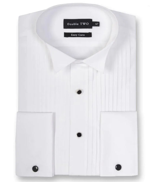 DOUBLE TWO Pleated Stitch Front Dress Shirt -  Double Cuff Wing Collar – White