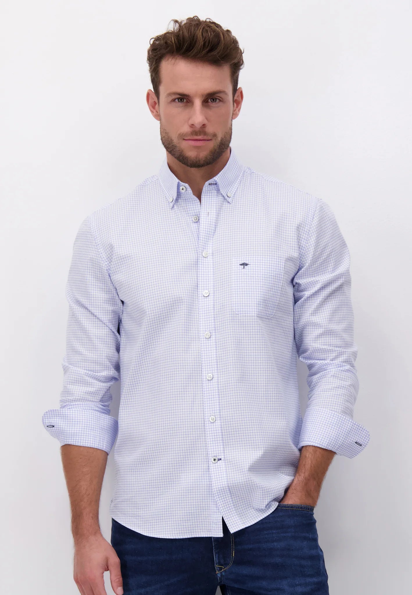 FYNCH HATTON Oxford Shirt - Men's Soft Cotton – Light Blue Check