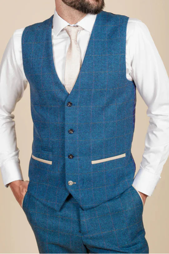 MARC DARCY Dion Three Piece Suit - Blue Tweed Check