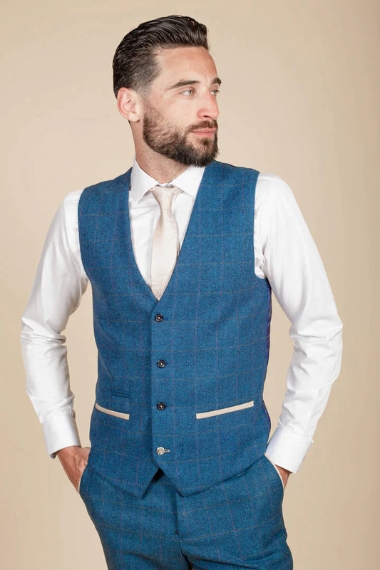 MARC DARCY Dion Single Breasted Waistcoat - Blue Tweed Check