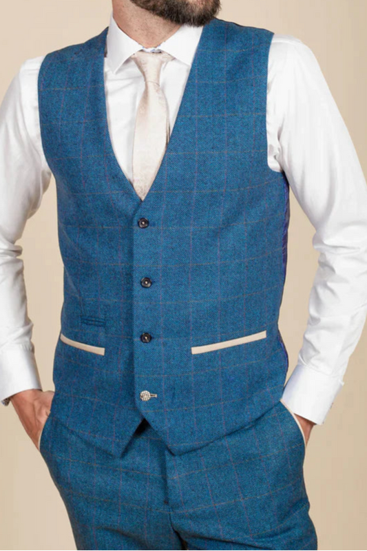 MARC DARCY Dion Single Breasted Waistcoat - Blue Tweed Check