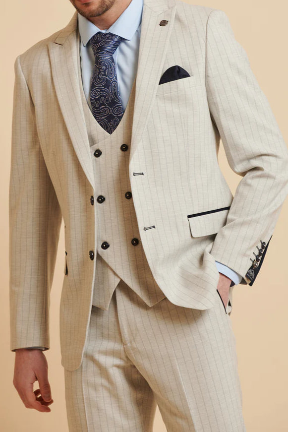 MARC DARCY Grant Tailored Three Piece Suit - Stone Pinstripe