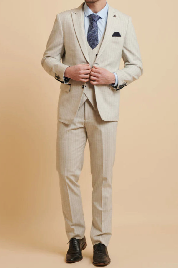 MARC DARCY Grant Tailored Three Piece Suit - Stone Pinstripe