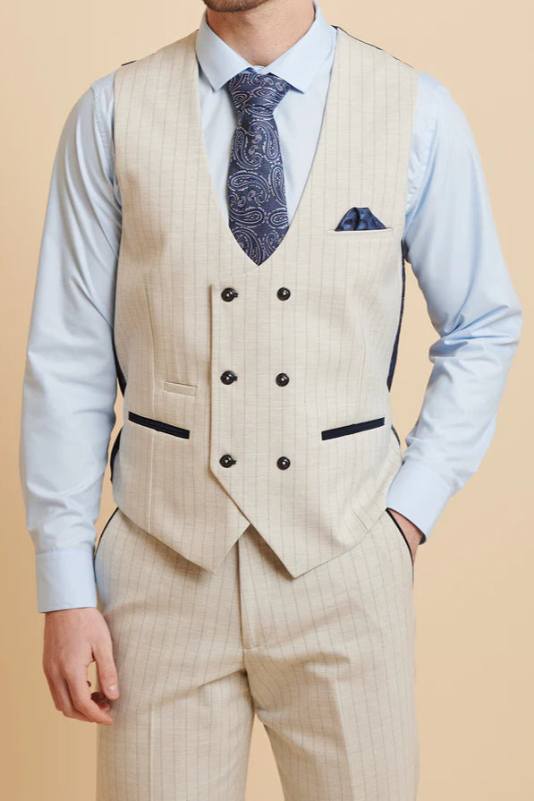 MARC DARCY Grant Tailored Three Piece Suit - Stone Pinstripe