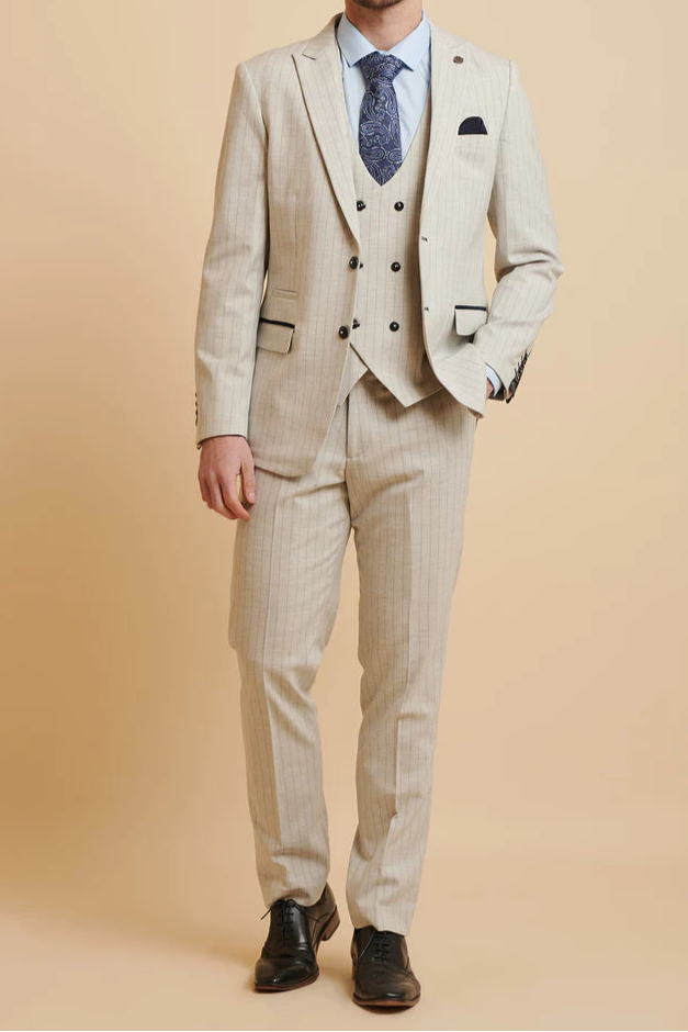 MARC DARCY Grant Tailored Three Piece Suit - Stone Pinstripe