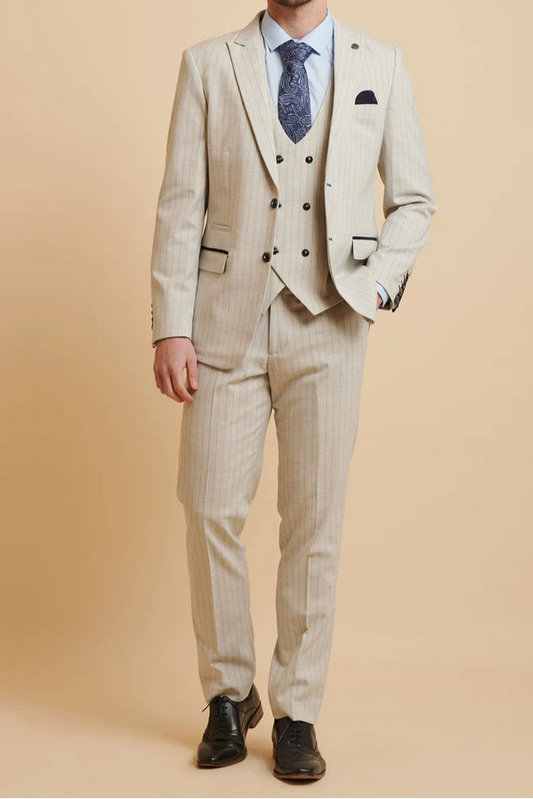 MARC DARCY Grant Tailored Three Piece Suit - Stone Pinstripe