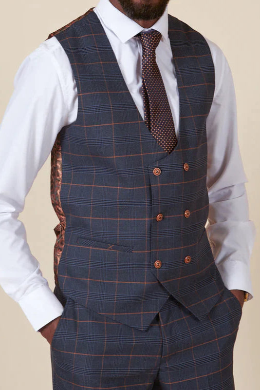 MARC DARCY Jenson Double Breasted Waistcoat - Marine Navy Check
