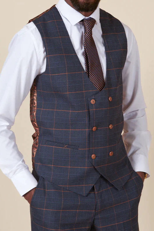 MARC DARCY Jenson Double Breasted Waistcoat - Marine Navy Check