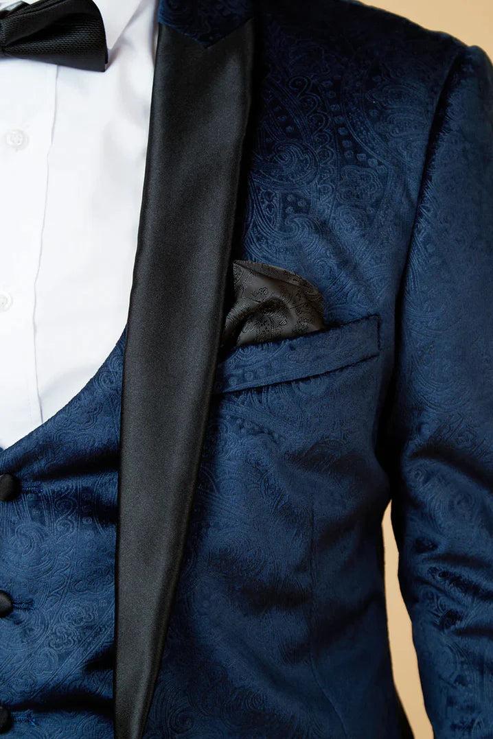 MARC DARCY Simon Velvet Jacquard Evening Blazer - Slim-Fit Tuxedo Jacket - Navy