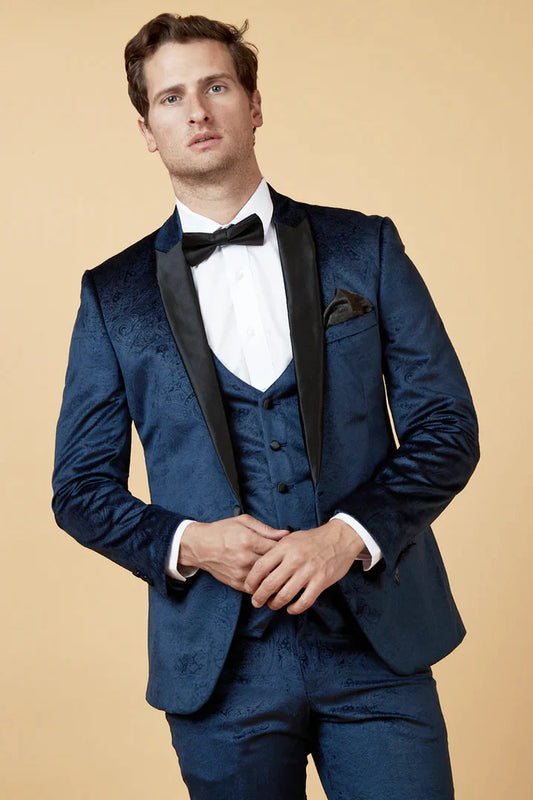 MARC DARCY Simon Velvet Jacquard Evening Blazer - Slim-Fit Tuxedo Jacket - Navy