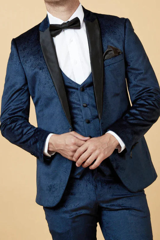 MARC DARCY Simon Velvet Jacquard Evening Blazer - Slim-Fit Tuxedo Jacket - Navy