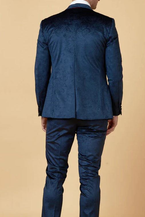 MARC DARCY Simon Velvet Jacquard Evening Blazer - Slim-Fit Tuxedo Jacket - Navy