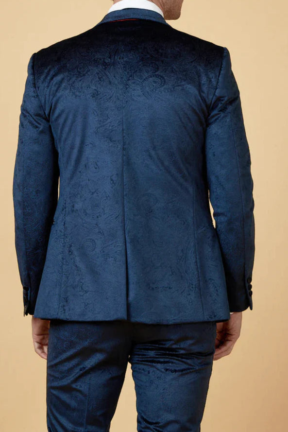 MARC DARCY Simon Velvet Jacquard Evening Blazer - Slim-Fit Tuxedo Jacket - Navy