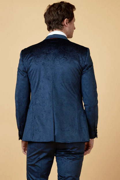 MARC DARCY Simon Velvet Jacquard Evening Blazer - Slim-Fit Tuxedo Jacket - Navy