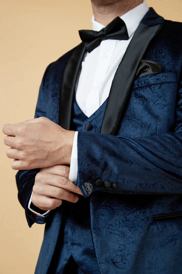 MARC DARCY Simon Velvet Jacquard Evening Blazer - Slim-Fit Tuxedo Jacket - Navy