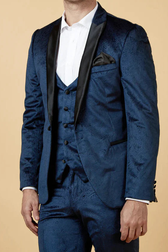 MARC DARCY Simon Velvet Jacquard Evening Blazer - Slim-Fit Tuxedo Jacket - Navy