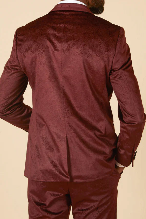 MARC DARCY Simon Velvet Jacquard Evening Blazer - Slim-Fit Tuxedo Jacket - Wine