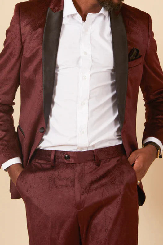 MARC DARCY Simon Velvet Jacquard Evening Blazer - Slim-Fit Tuxedo Jacket - Wine
