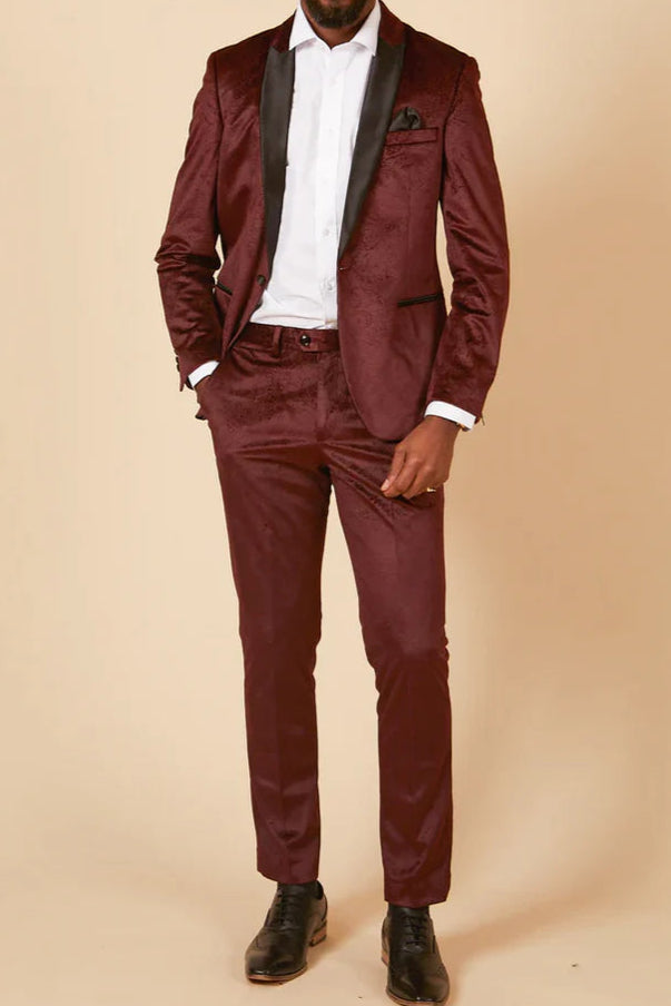 MARC DARCY Simon Velvet Jacquard Evening Blazer - Slim-Fit Tuxedo Jacket - Wine