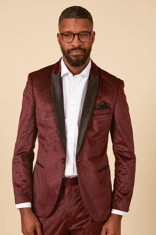 MARC DARCY Simon Velvet Jacquard Evening Blazer - Slim-Fit Tuxedo Jacket - Wine