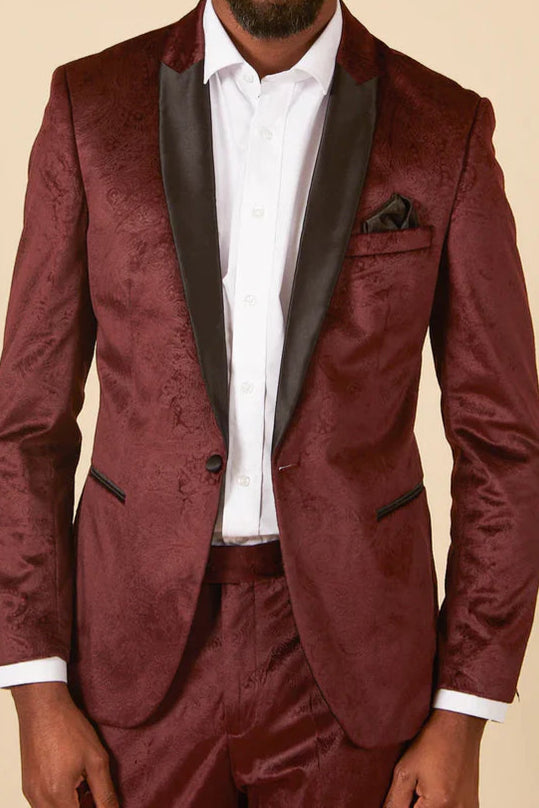 MARC DARCY Simon Velvet Jacquard Evening Blazer - Slim-Fit Tuxedo Jacket - Wine