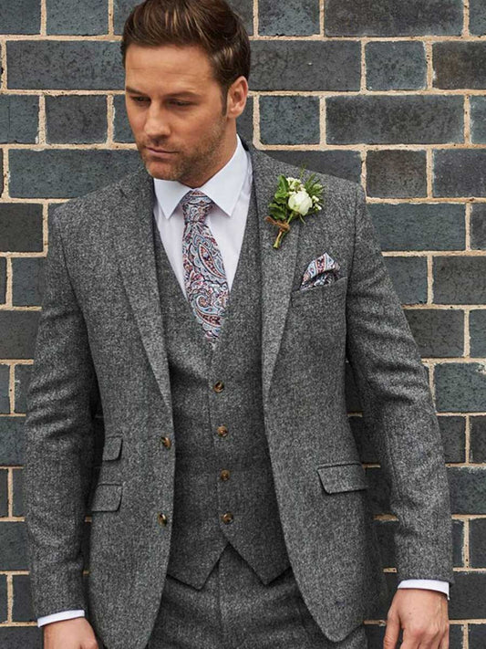 TORRE Milan Three Piece Tweed Suit - Grey