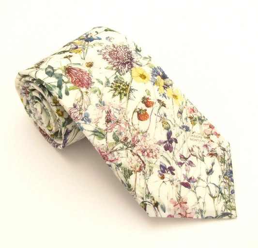 VAN BUCK Liberty Print Cotton Tie & Pocket Square - Wild Flowers Ivory