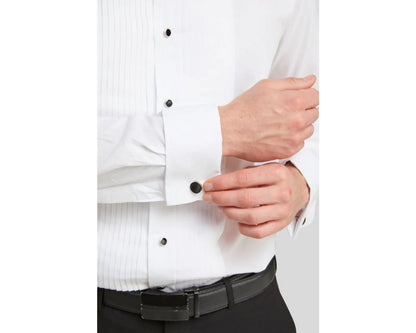 DOUBLE TWO Pleated Stitch Front Dress Shirt -  Double Cuff Regular Collar – White