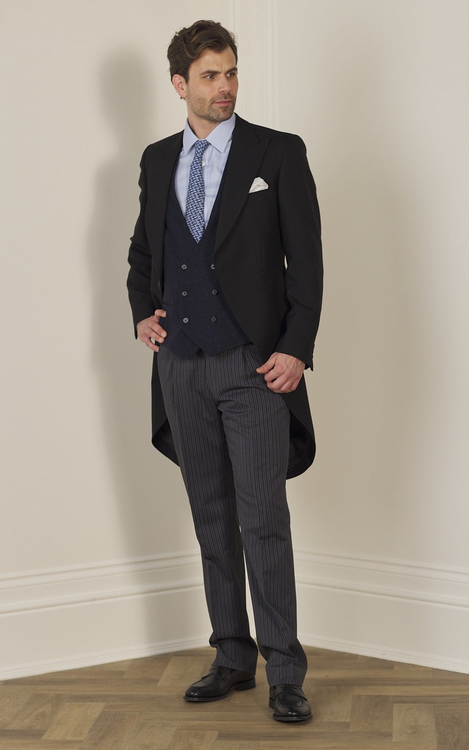 MAGEE Morning Coat Two Piece Suit - Classic Herringbone Tails - Black