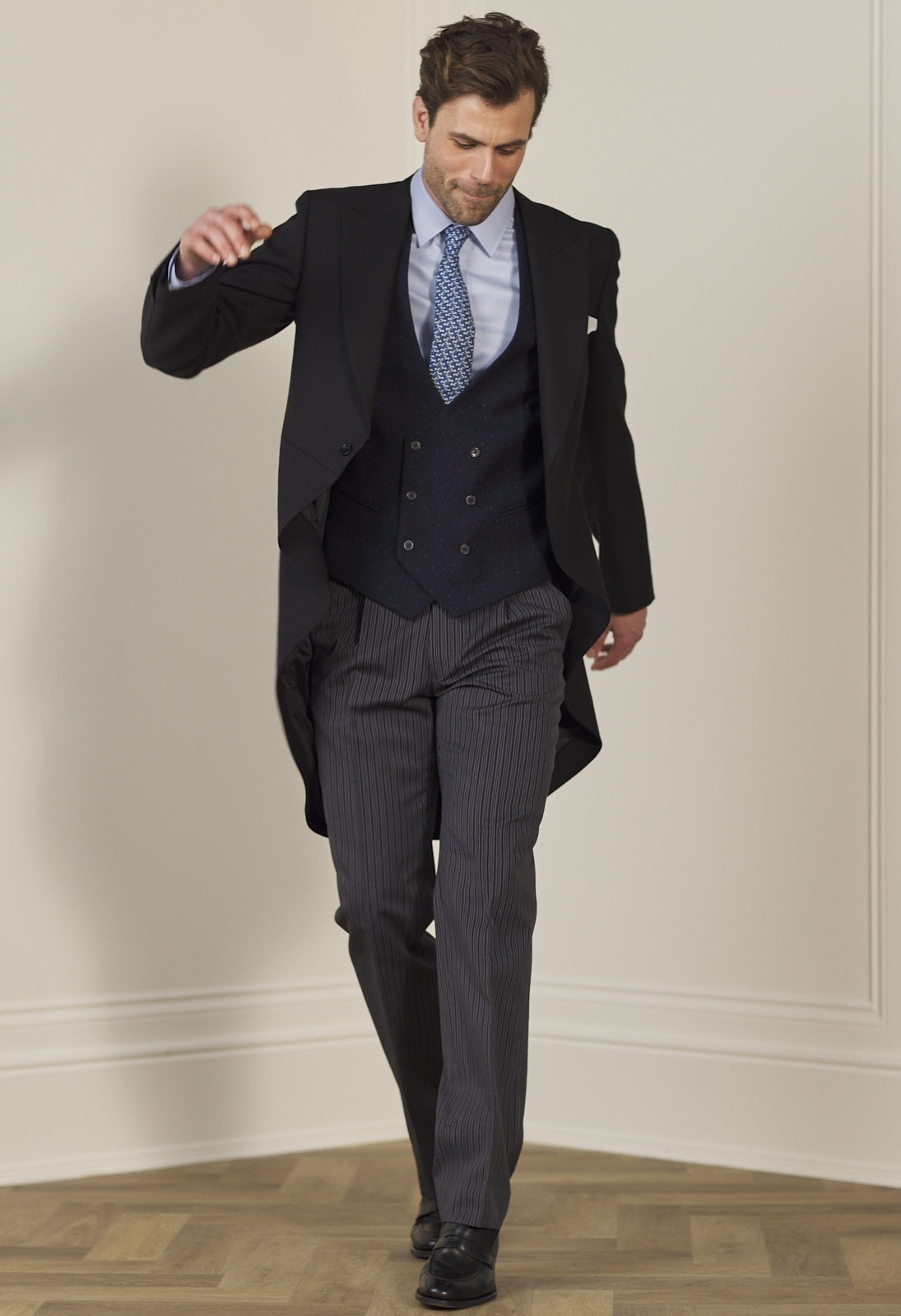 MAGEE Morning Coat Two Piece Suit - Classic Herringbone Tails - Black