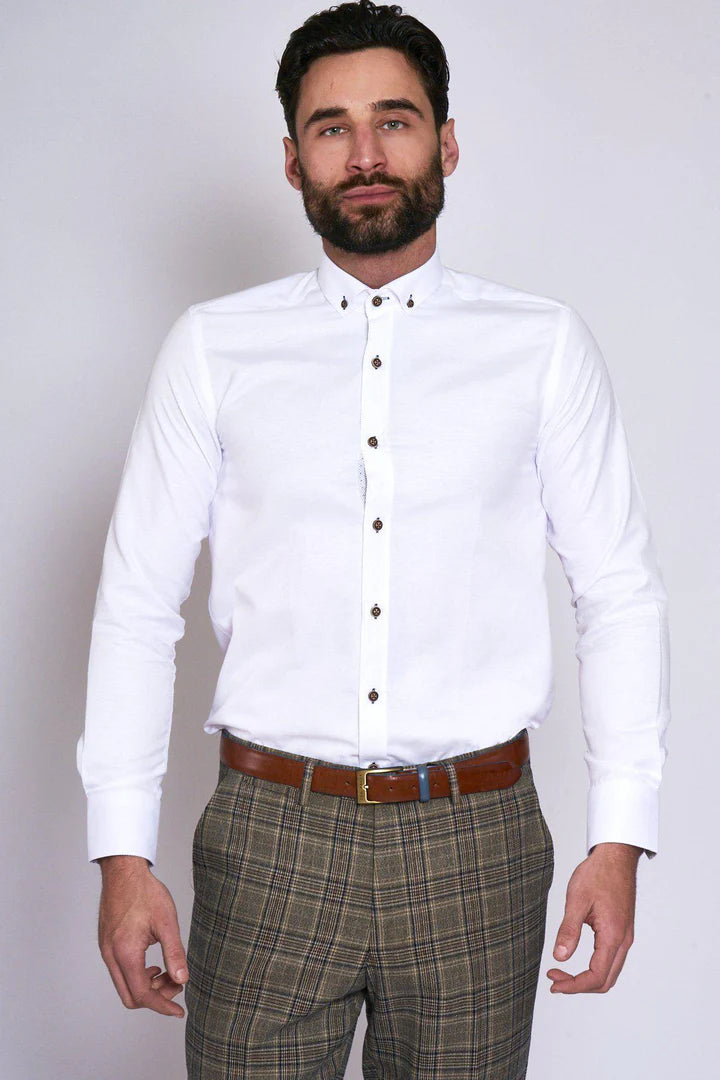 MARC DARCY Charlie Oxford Shirt With Tan Buttons - White