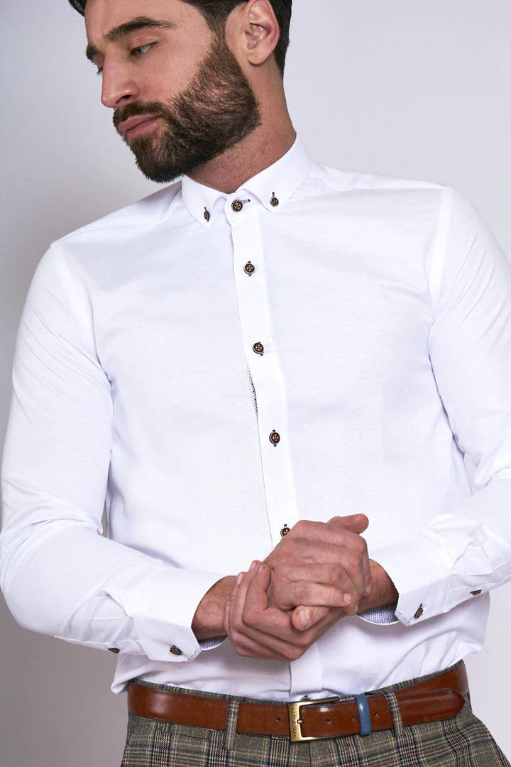 MARC DARCY Charlie Oxford Shirt With Tan Buttons - White