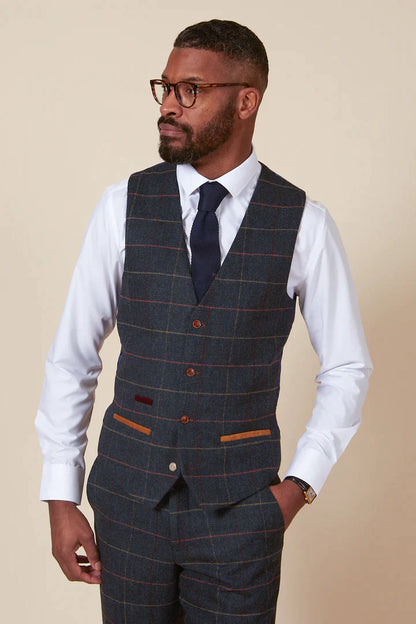 MARC DARCY Eton Single Breasted Waistcoat - Navy Blue Check