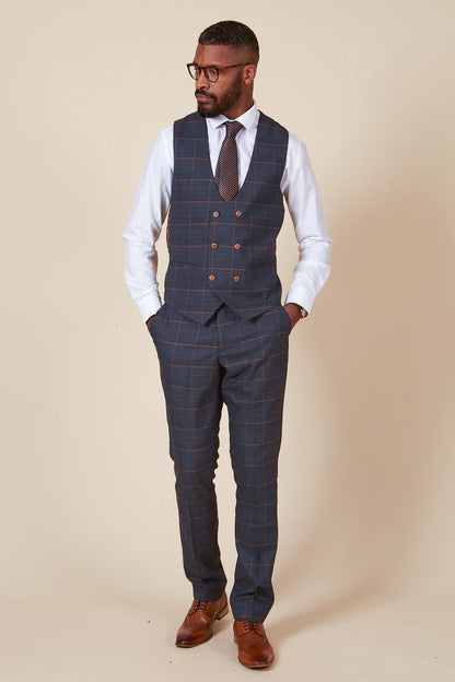 MARC DARCY Jenson Three Piece Suit With Double Breasted Waistcoat - Marine Navy Check
