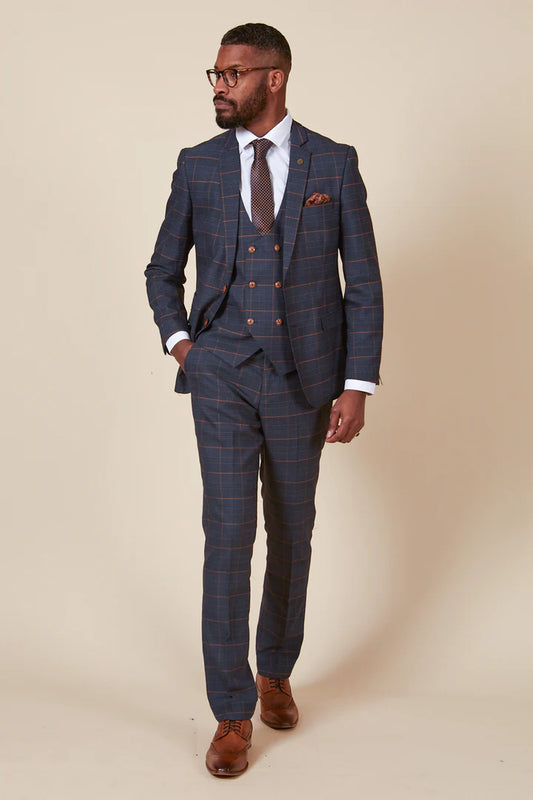 MARC DARCY Jenson Three Piece Suit With Double Breasted Waistcoat - Marine Navy Check