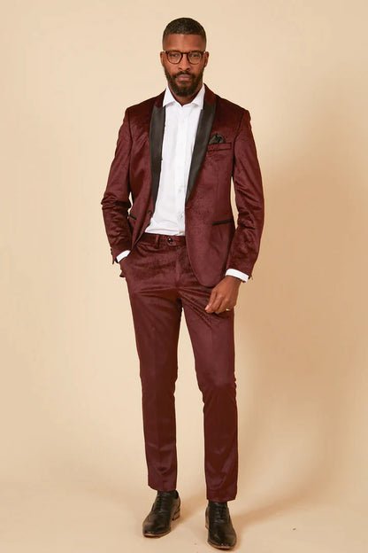 MARC DARCY Simon Velvet Jacquard Evening Blazer - Slim-Fit Tuxedo Jacket - Wine