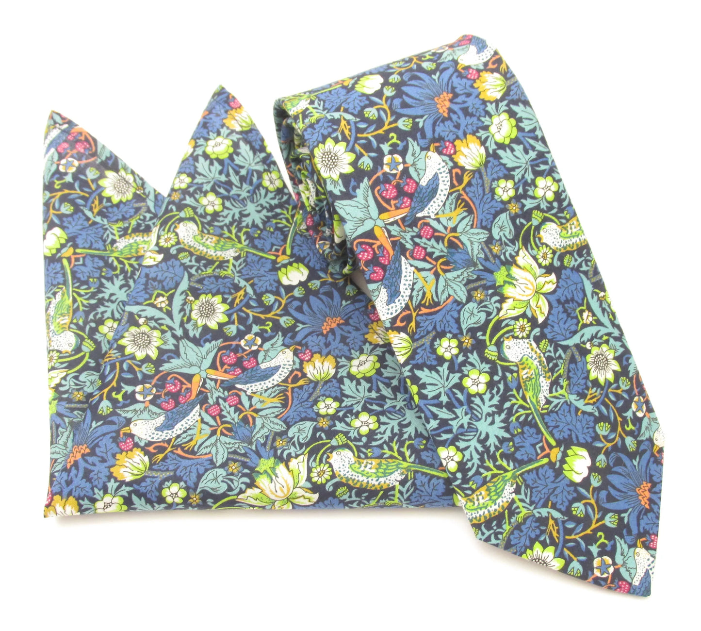 VAN BUCK Liberty Print Cotton Tie & Pocket Square - Strawberry Thief Green